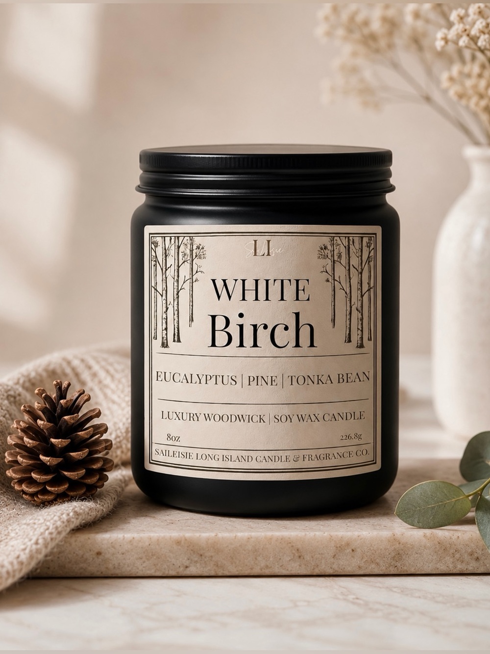 White Birch Soy Wax Candle | Eucalyptus, Pine & Tonka Bean Scent, Wood Wick